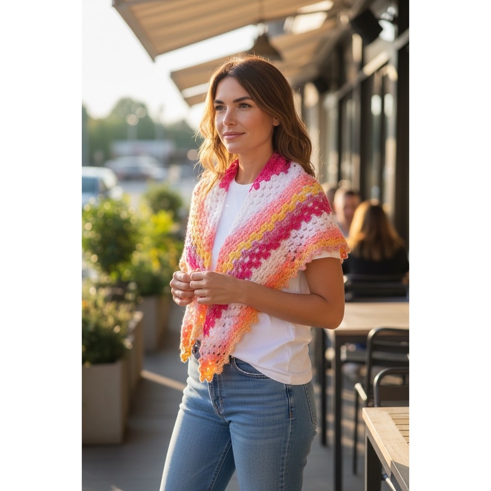 Handmade Crochet Triangle Shawl Rainbow Pink & Orange Regular Sz Boho Ombre NEW